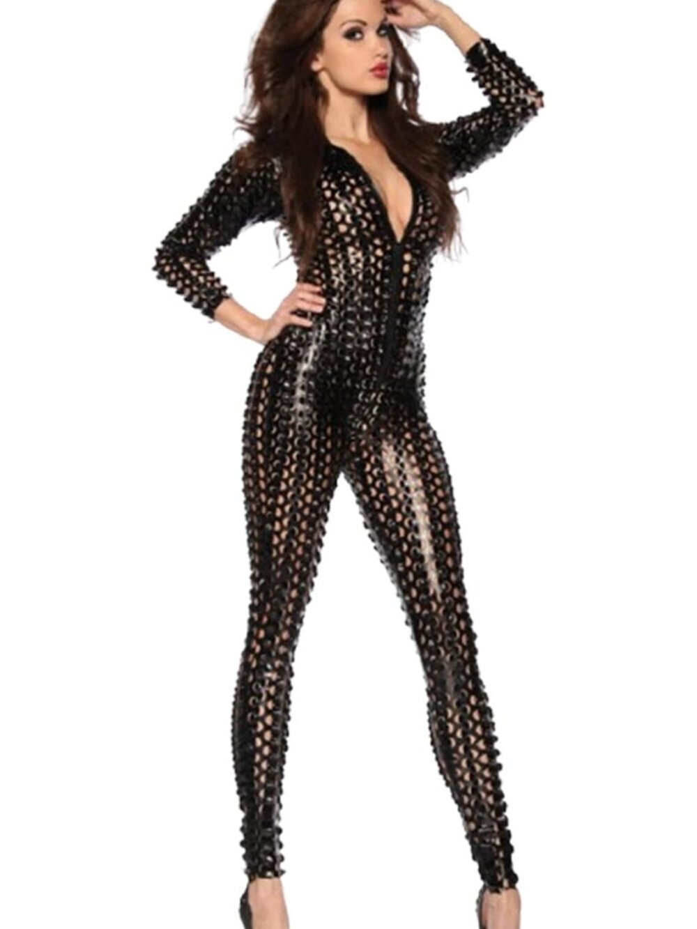 Women's Black Metallic ZIP Front Catsuit Long Sleeve Bodysuit Rave Costume